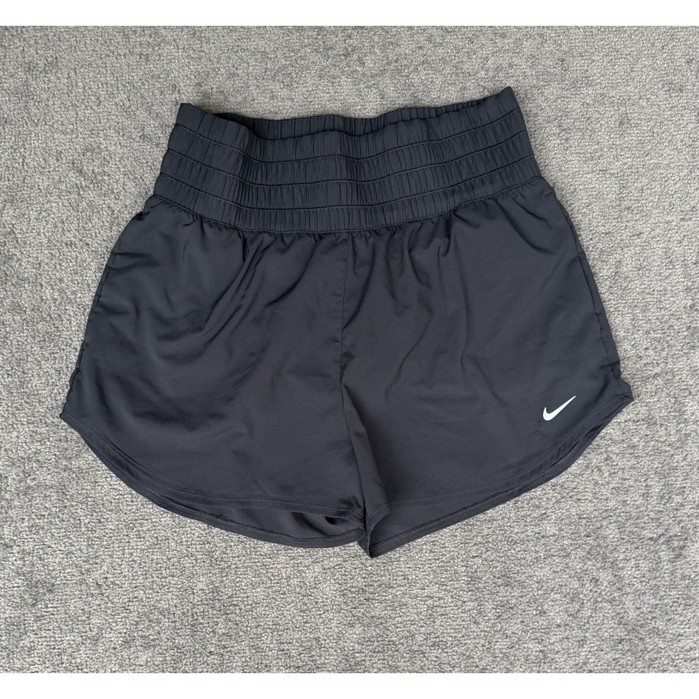 Nike Dri-FIT Womens Black Smocked High Rise Running Shorts Large 3 Inch Inseam
